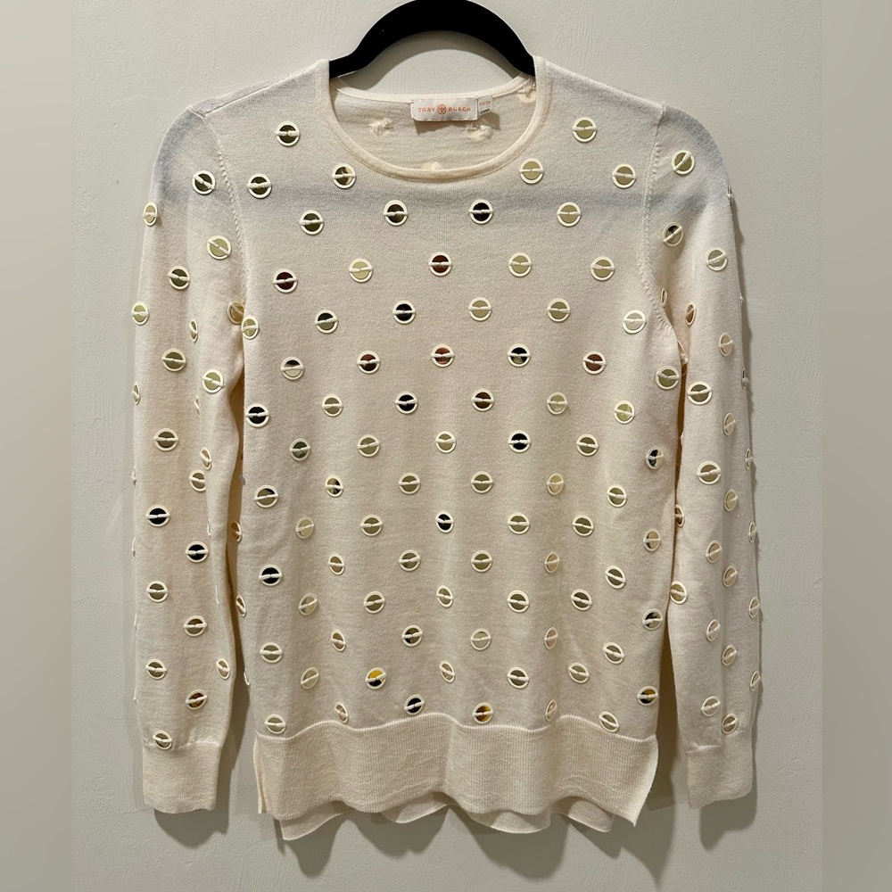 Tory Burch Cream Sweater with Circular Cut-Outs